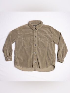 Zara Corduroy Shacket Oversized Shirt Jacket Frayed Raw Hem Taupe Khaki Green S
